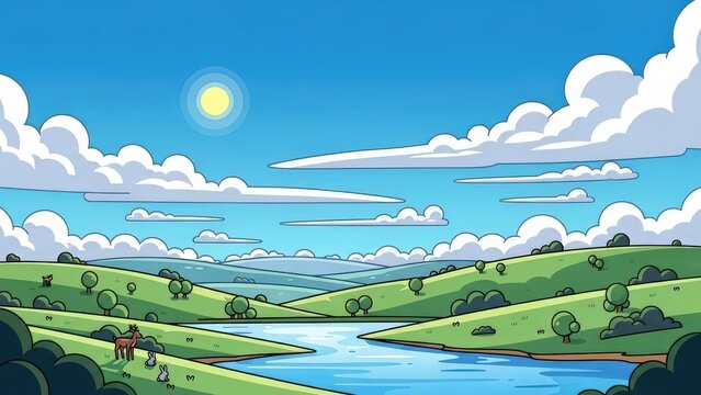Peaceful landscape with rolling green hills, a winding river, and a deer with fawns in a grassy meadow under a bright blue sky with white clouds