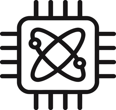 Minimalist digital microprocessor icon featuring an atomic structure symbol for advanced computing with integrated stylized atomic, icon computer processing