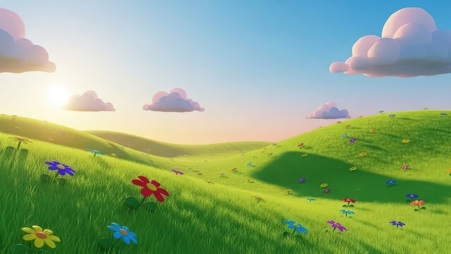 Vibrant 3d rendered landscape with rolling green hills, colorful wildflowers, and fluffy clouds in a clear blue sky during a bright sunny day
