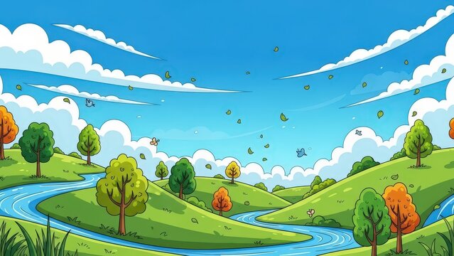 Vibrant landscape with rolling green hills, a winding river, scattered trees with autumn leaves, and a blue sky filled with fluffy white clouds