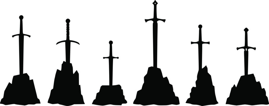 Set of black silhouettes of medieval swords stuck in rocks isolated on a white background design element isolated on white background