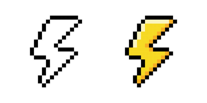 Pixel Art Lightning Bolt Icons Set, Retro 8-Bit Energy Symbols, yellow lightning bolt icon, lightning bolt, pixel art, Vector illustration.