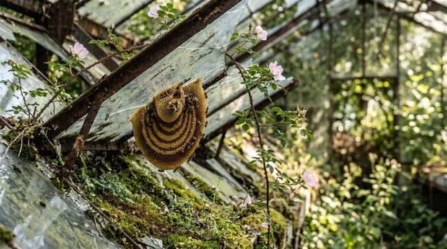 Beehive hanging on old wooden roof in overgrown abandoned