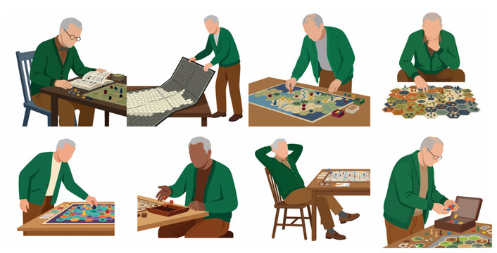 Vector illustration collection of a senior man playing various board games and tabletop strategy games