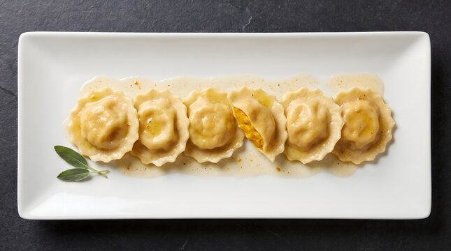 Top view of delicious homemade ravioli pasta served on a white rectangular plate with fresh green basil leaves