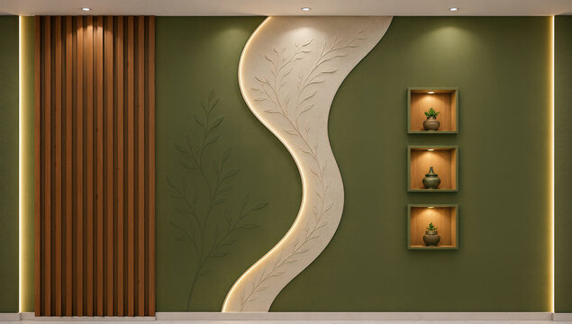 Modern 3D Green Feature Wall Panel Design with Curved Backlit Floral Relief and Display Shelve