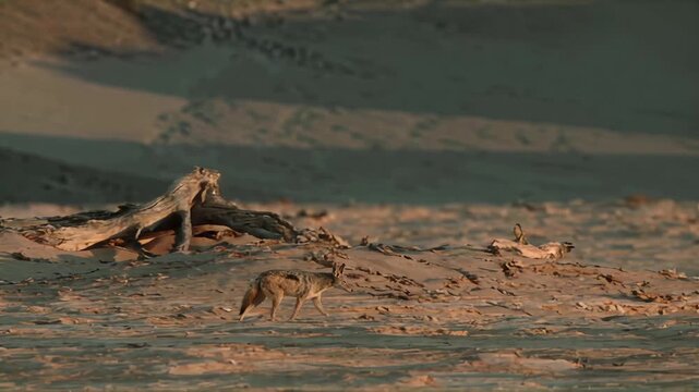 Golden jackals roam arid desert landscape at sunset