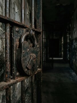 Rusty old padlock on iron bar gate in dark abandoned prison corridor. Confinement and justice concept with locked jail cell interior for crime punishment and security background