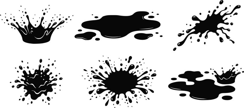 Set of black liquid ink splashes and paint drops isolated on a white background for creative design isolated on white background