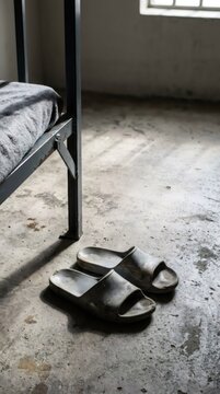 Worn slippers on concrete floor beside metal bunk bed in empty prison cell. Incarceration and detention concept. Solitary confinement and justice system background for punishment theme