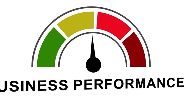 Business performance gauge meter with moving needle showing success and growth levels in corporate analytics, kpi metric measurement concept and strategic management visual animation