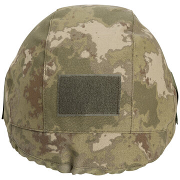 Camouflage military helmet cover rear view isolated on white background. Tactical helmet fabric cover with velcro panel