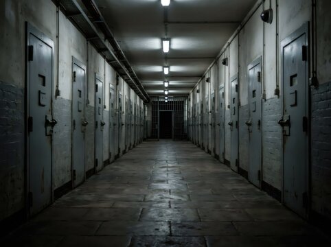 Empty dark prison corridor with closed metal cell door and barred gate at end. Correctional facility interior and criminal justice system concept. Detention and punishment background