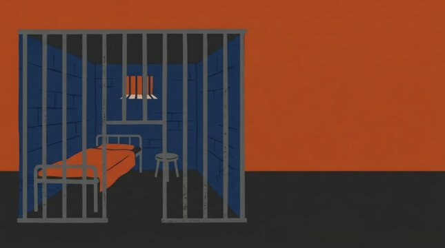 Empty prison cell with metal bars, bed and stool interior. Incarceration and criminal justice concept. Illustration of detention and punishment for legal background