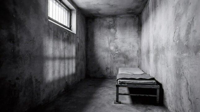 Empty gloomy prison cell with single bed and barred window. Solitary confinement and punishment concept. Desolate jail interior for justice and incarceration theme