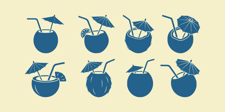 Set of blue coconut tropical cocktails with umbrellas and straws isolated on a plain white background isolated on white background
