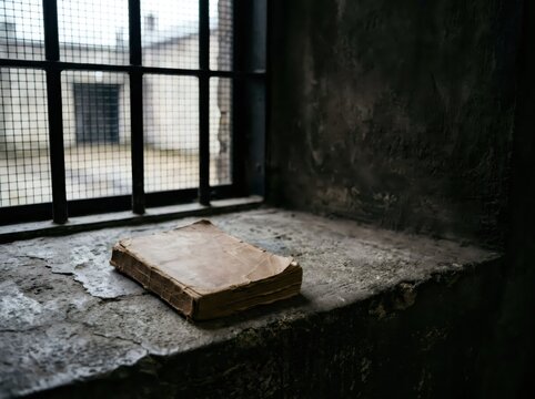Old worn book on stone windowsill in prison cell with barred window. Concept of education, hope and solitude in jail. Rehabilitation and knowledge behind bars.