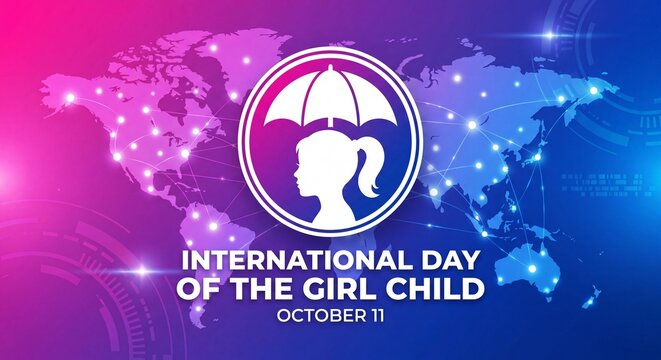 A glowing emblem featuring a girl under an umbrella against a backdrop of a global map