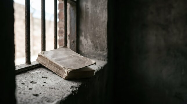 Old worn book lying on prison cell windowsill behind rusty metal bar. Solitude and rehabilitation through education concept. Hope for freedom and faith with confinement in jail detention