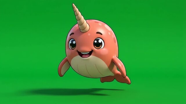 Cute cartoon narwhal with a big smile and horn, floating happily on a vibrant green background.