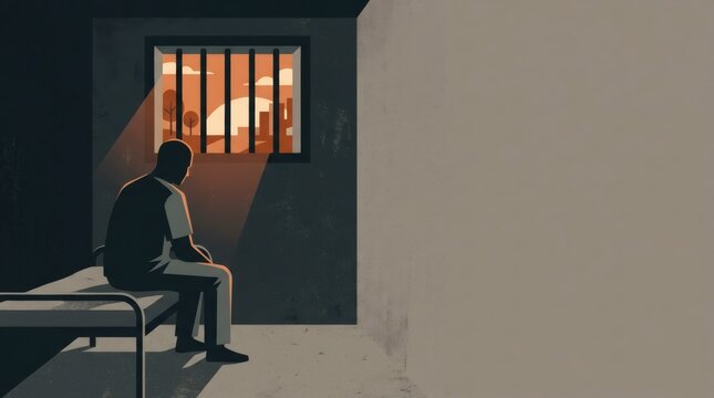 Man sitting alone on prison bed facing barred window with sunset light. Concept of isolation, loneliness and detention. Justice, punishment and hope for freedom illustration
