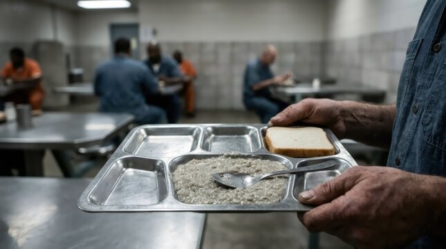 Man holding metal prison food tray with porridge and bread in correctional facility cafeteria. Inmates eating at tables in background. Incarceration and justice system concept