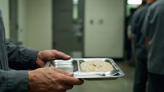 Man holding metal tray with oatmeal porridge in prison cafeteria line. Inmate waiting for meal in detention facility. Institutional food service and correctional system concept