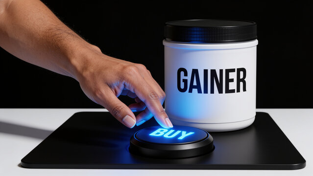 Close-up of a man's hand pressing a retail BUY button next to a large plastic tub of gainer powder. Instant online purchase and choosing the right premium bodybuilding supplement concept