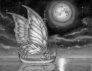 Fototapeta premium hand drawn illustration of an old Sailing ship with butterfly sails and a full moon in a surreal world.