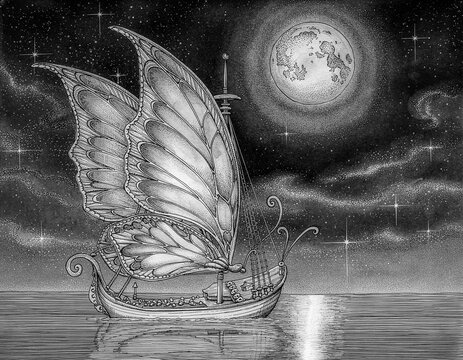 hand drawn illustration of an old Sailing ship with butterfly sails and a full moon in a surreal world.