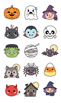 A collection of cute Halloween characters including friendly ghosts, smiling pumpkins, witches, and spooky elements, illustrated for seasonal greeting cards and party designs