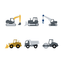 Naklejka premium Construction Machinery Icon Set With Excavator, Bulldozer, Crane, Loader, Truck And Roller