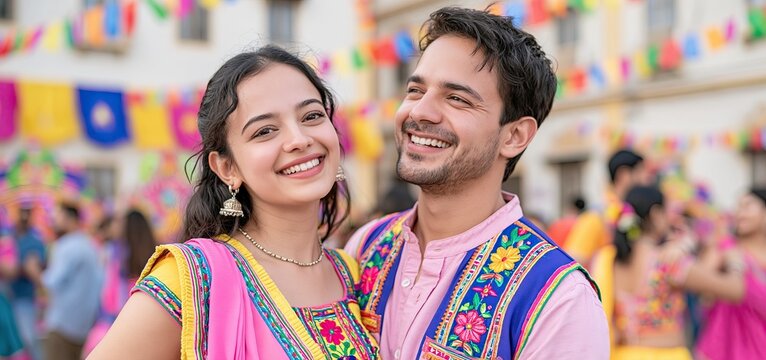 During a lively Navratri festival, a couple performs traditional garba dance in bright, festive clothing.