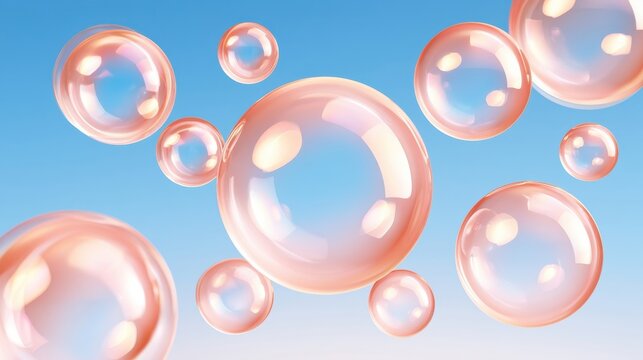 Iridescent soap bubbles floating against blue sky background