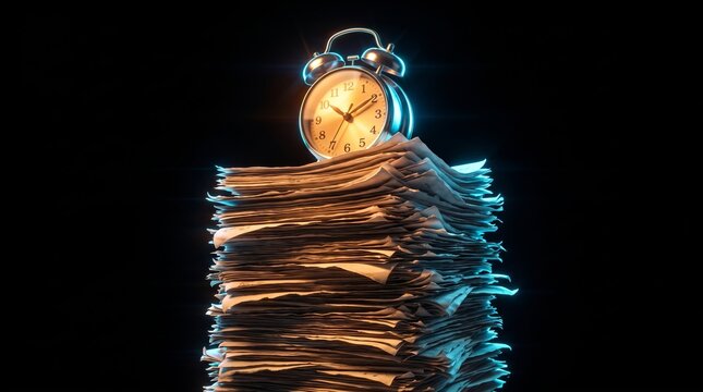 Vintage metallic alarm clock resting atop a towering stack of white paper documents featuring sharp cinematic lighting and blue highlights