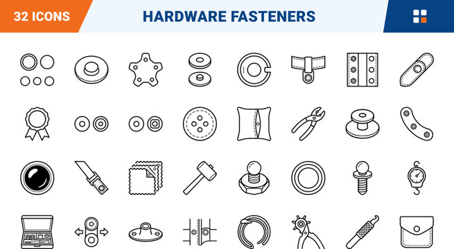 Snap Fastener Kit line icon set. Vector pictograms of hardware, tools, closures, and garment elements, thin linear illustration.