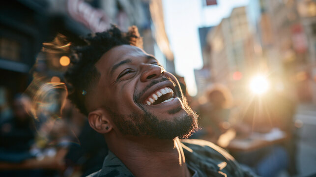 Happy Young Man Laughing Outdoors in City