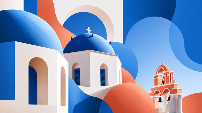 Santorini Greece Architecture Minimalist Illustration with Blue Domes