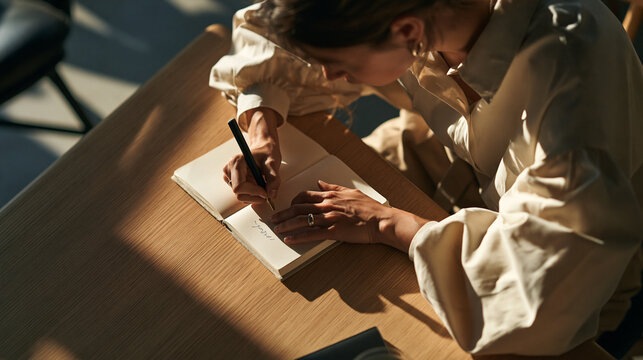Woman Writing in Journal at Wooden Table in Sunlight