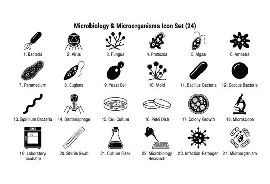 Microbiology icon set displaying various microorganisms and laboratory equipment