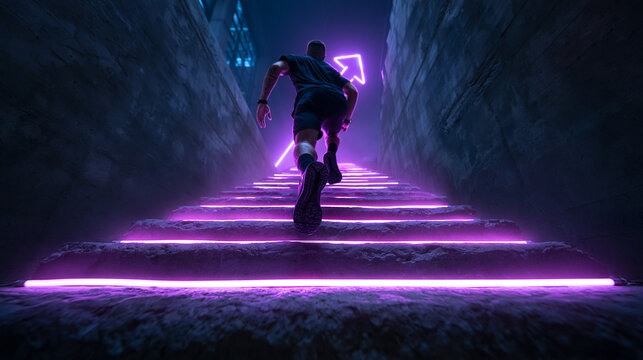 Man Running Up Illuminated Neon Stairs Towards Glowing Arrow
