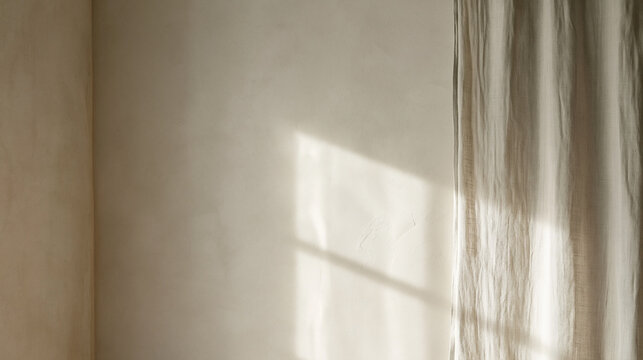 Sunlight and Shadows on Textured Plaster Wall with Linen Curtain