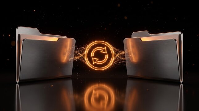 Metallic file folders with a bright glowing orange circular refresh icon representing seamless data synchronization and digital information transfer process