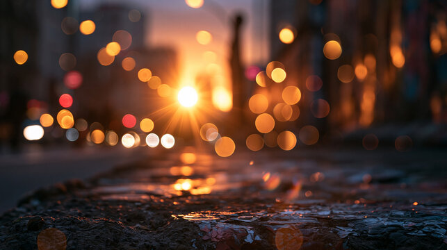 Sunset Bokeh and Blurred City Street Lights at Dusk