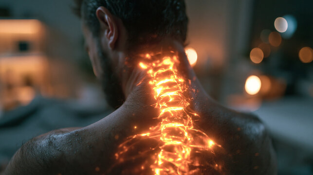 Glowing Spine Highlighting Neck Pain and Spinal Inflammation
