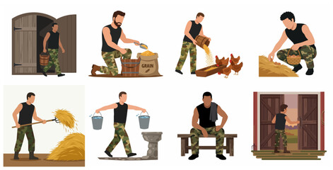 Fototapeta premium Farmer character set performing various agricultural tasks including feeding chickens, harvesting eggs and carrying water in flat vector illustration style
