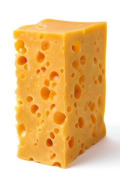 Dairy product and food ingredient, block of swiss cheese with holes, isolated on a white background for cooking and recipes