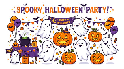 Fototapeta premium Halloween party design with spooky ghosts and jack o lanterns