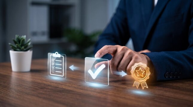 Professional businessman interacting with glowing digital interface featuring quality checklist and golden badge icon for corporate standard compliance verification process