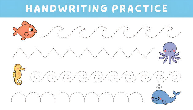 Handwriting Practice Worksheet for Kids Tracing Lines Sea Animals Vector Illustration
